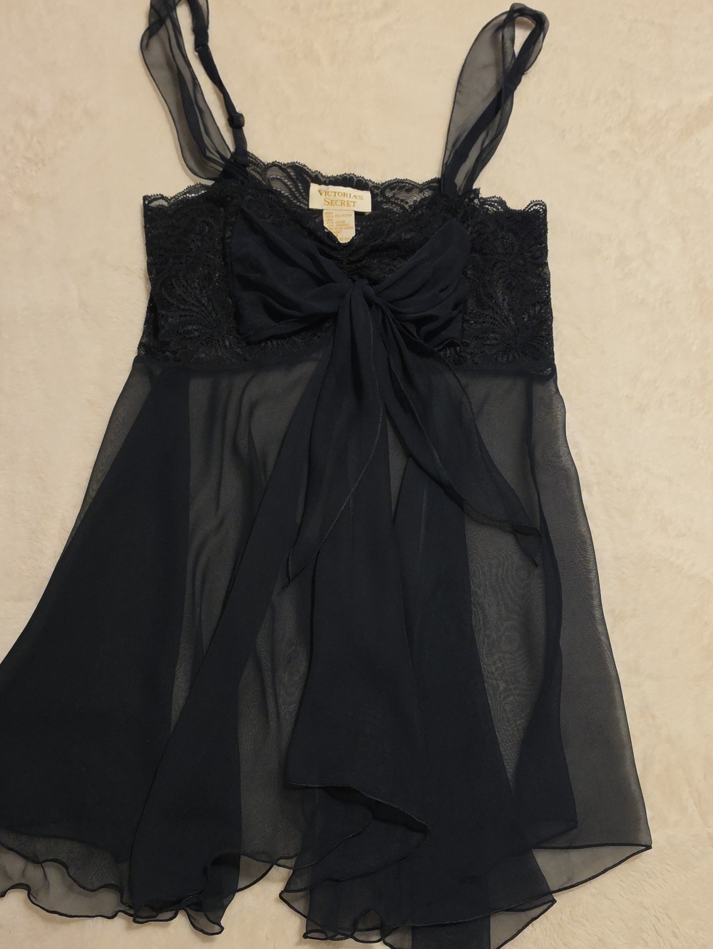Vintage Victoria's Secret Black Sheer Lace Bow-Front Babydoll Medium Size